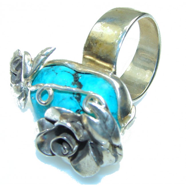 Fashion! Illusion Floral, Blue Turquoise Sterling Silver Ring s. 9- Adjustable