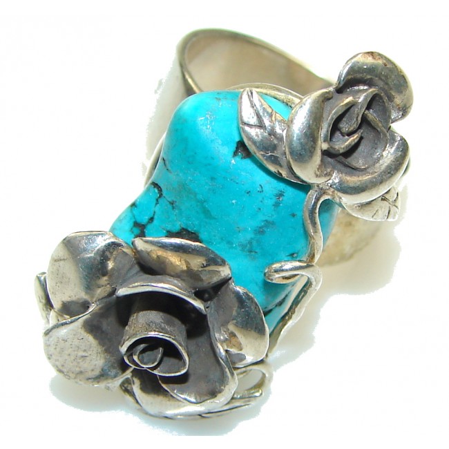 Fashion! Illusion Floral, Blue Turquoise Sterling Silver Ring s. 9- Adjustable