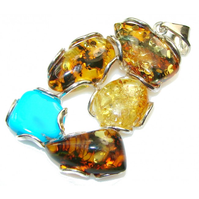 Stunning! Polish Amber , Turquoise Sterling Silver Pendant