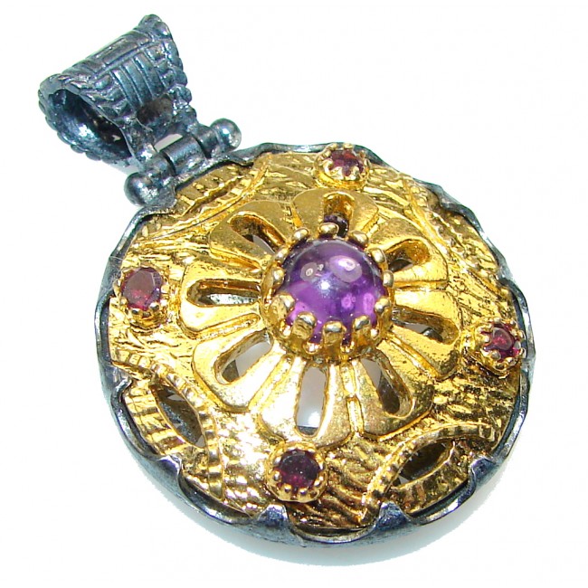 Stylish!! Purple Amethyst, Rhodium Plated, Gold Plated Sterling Silver Pendant