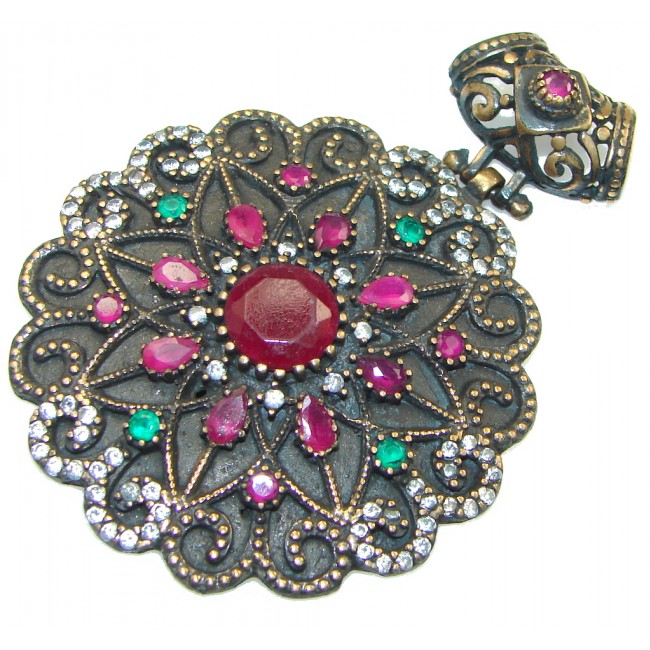 Bold Victorian Design! Pink Ruby Sterling Silver Pendant