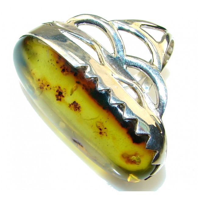 Large!! Green Polish Amber Sterling Silver Ring s. 12