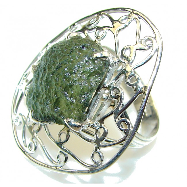 Stylish!! Green Moldavite Sterling Silver Ring s. 10