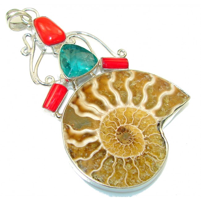 Large! Fashion Brown Ammonite Fossil Sterling Silver Pendant