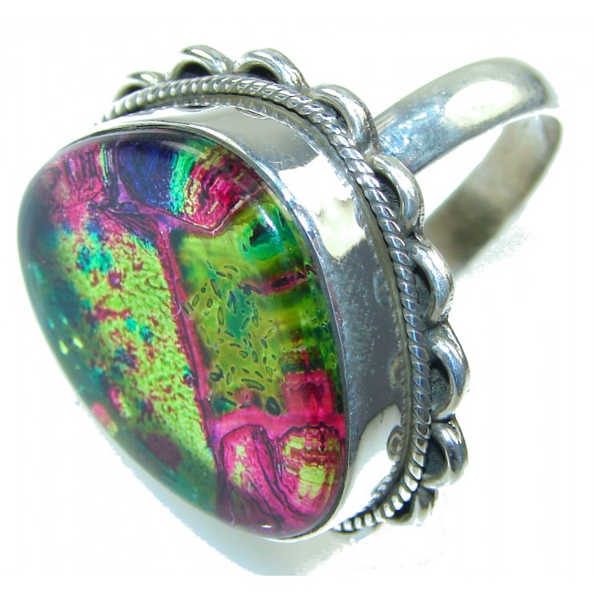 Stylish! Multicolor Dichroid Glass Sterling Silver Ring s. 10