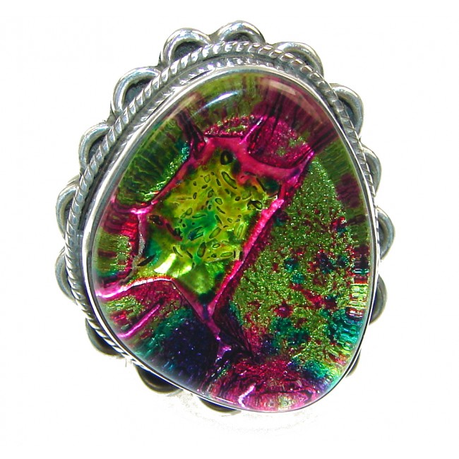 Stylish! Multicolor Dichroid Glass Sterling Silver Ring s. 10