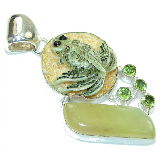 Fashion Frog! Carved Ox Bone Sterling Silver Pendant