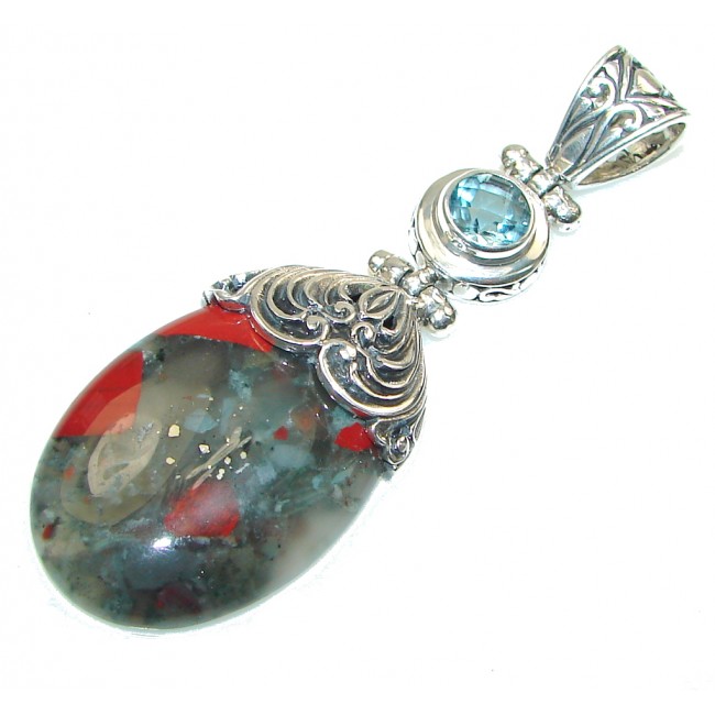Bali Collection Moss Agate Blue Topaz Sterling Silver Pendant