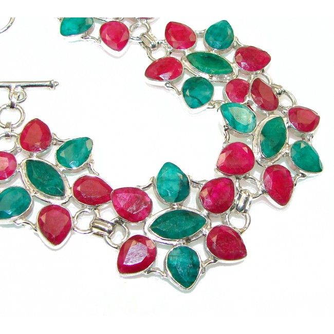 Natural Beauty! Emerald Ruby Sterling Silver Bracelet