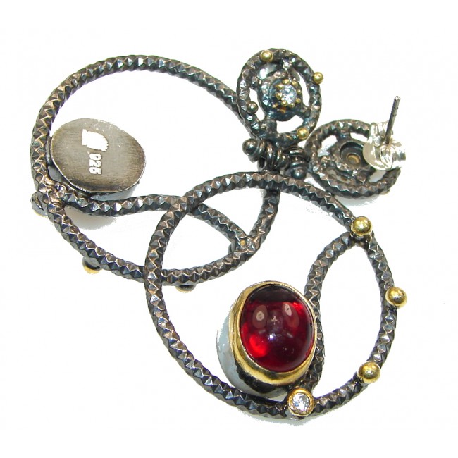 Large!Bohemian Style Italy Made Red Garnet, Rhodium Plated, Gold Plated Sterling Silver earrings