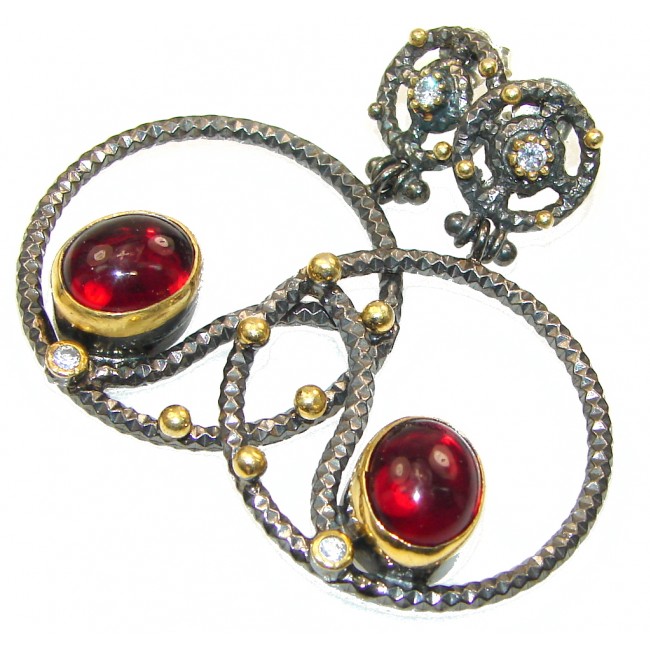Large!Bohemian Style Italy Made Red Garnet, Rhodium Plated, Gold Plated Sterling Silver earrings