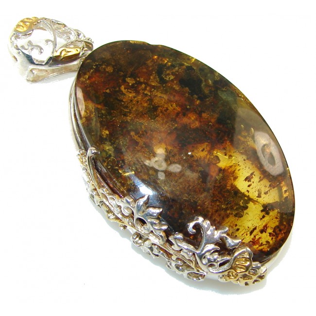 Natural! Brown Polish Amber Two Tones Sterling Silver Pendant