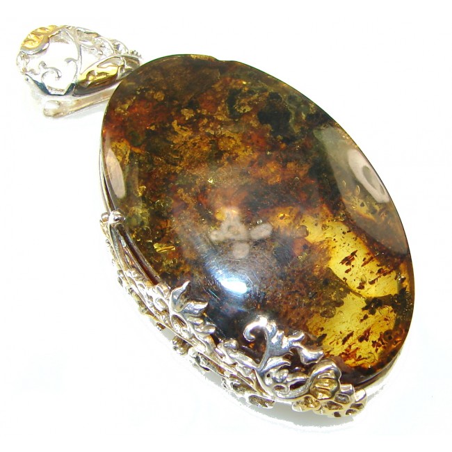 Natural! Brown Polish Amber Two Tones Sterling Silver Pendant