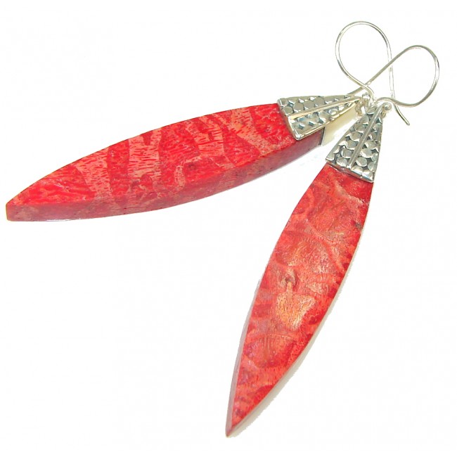 Large!! Red Fossilized Coral Sterling Silver earrings / Long