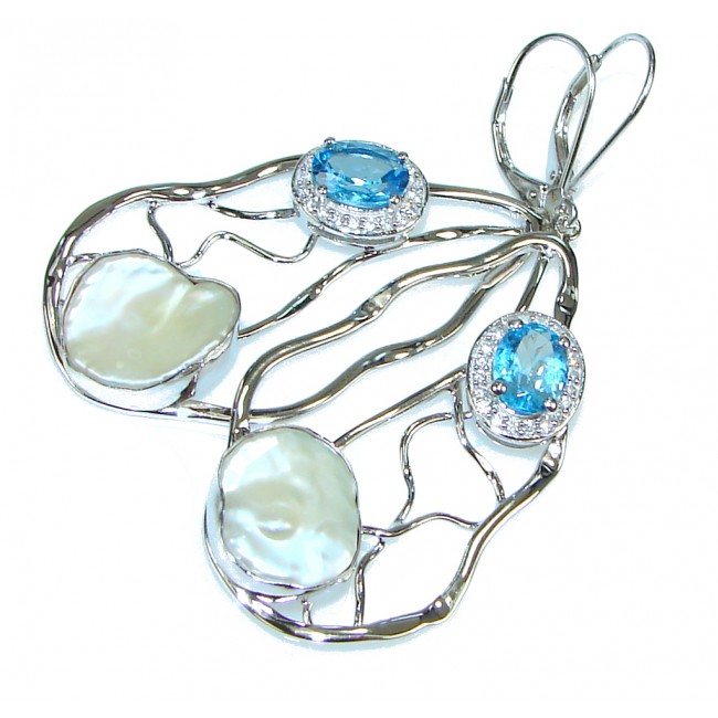 Stunning Design! Blue Topaz, Mother of Pearl Sterling Silver earrings