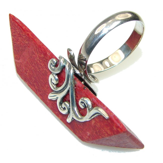 Big! Stylish Red Fossilized Coral Sterling Silver ring s. 8 - Adjustable
