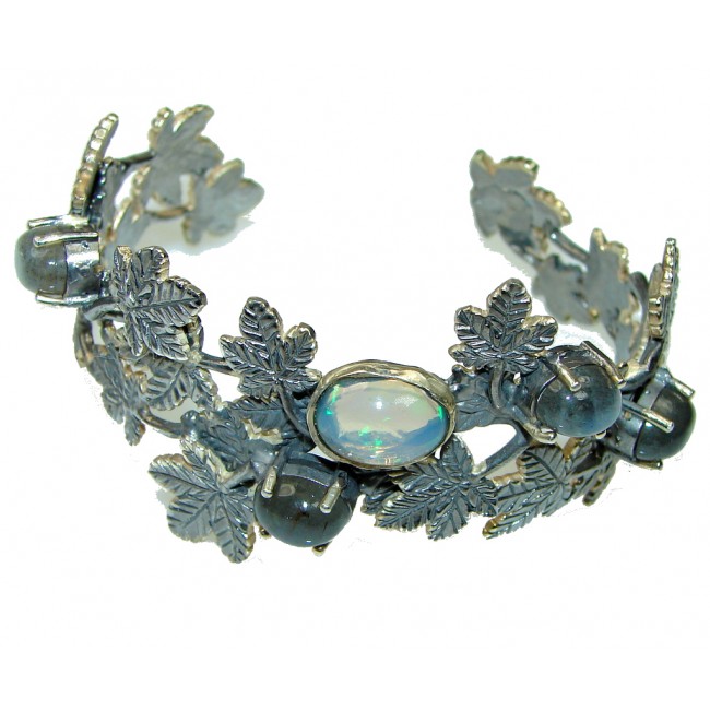 Transformation And Magic! Natural Blue Labradorite & Opal, Rhodium Plated Sterling Silver Bracelet / Cuff