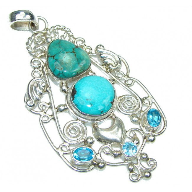 Big! Fresh Water! Blue Turquoise Sterling Silver Pendant