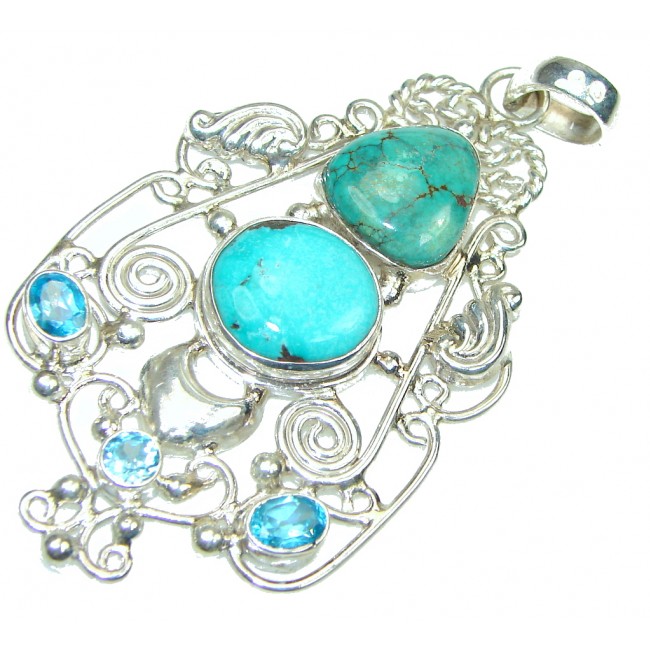 Big! Fresh Water! Blue Turquoise Sterling Silver Pendant