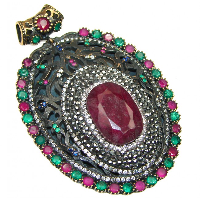 Big! Victorian Style! Green Emerald, Ruby, White Topaz Sterling Silver Pendant