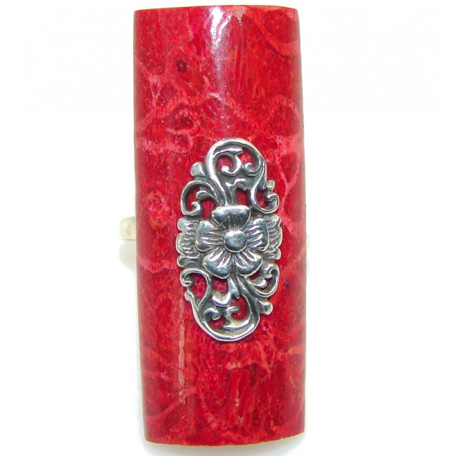 Big! Lovely Red Fossilized Coral Sterling Silver ring s. 8 - Adjustable