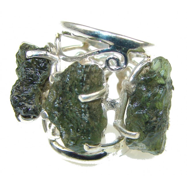 Fashion Green Moldavite Sterling Silver Ring s. 6 - Adjustable