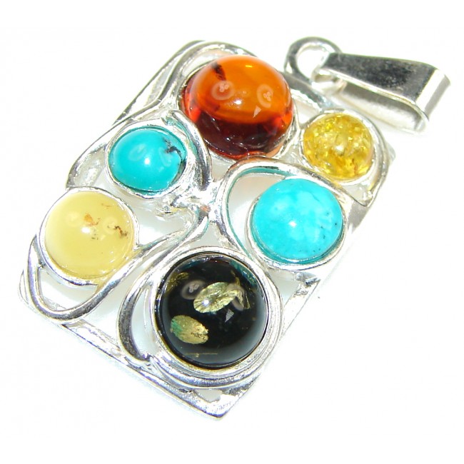 Amazing! Baltic Polish Multicolor Amber, Turquoise Sterling Silver Pendant