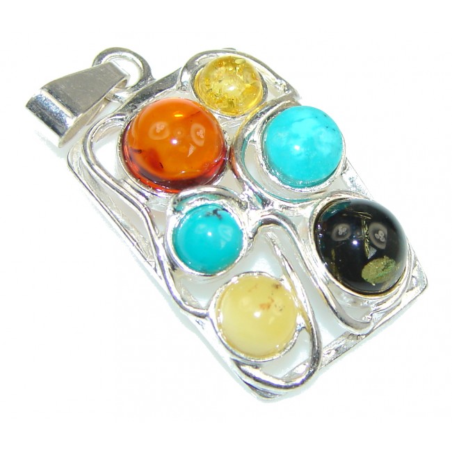 Amazing! Baltic Polish Multicolor Amber, Turquoise Sterling Silver Pendant