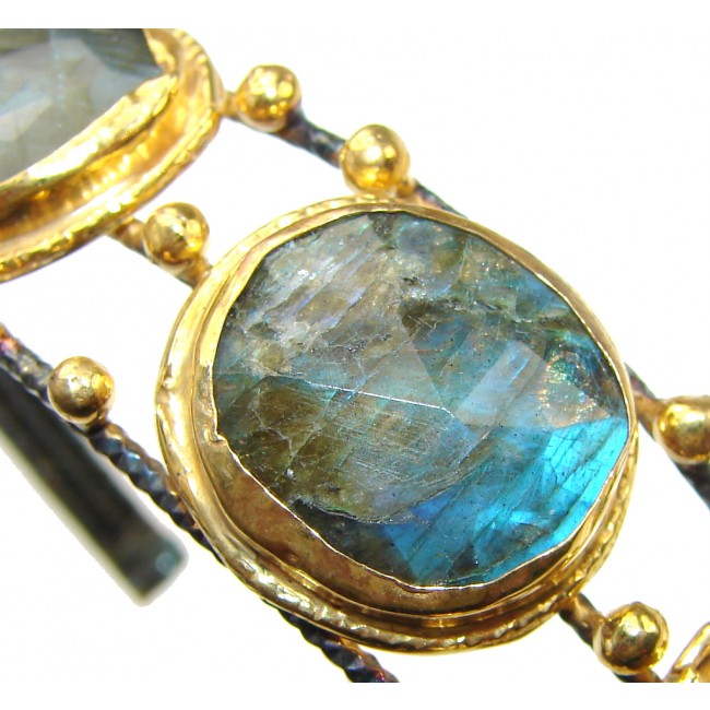 Italy Made! Stunning Blue Labradorite, Rhodium Plated, Gold Plated Sterling Silver Bracelet / Cuff