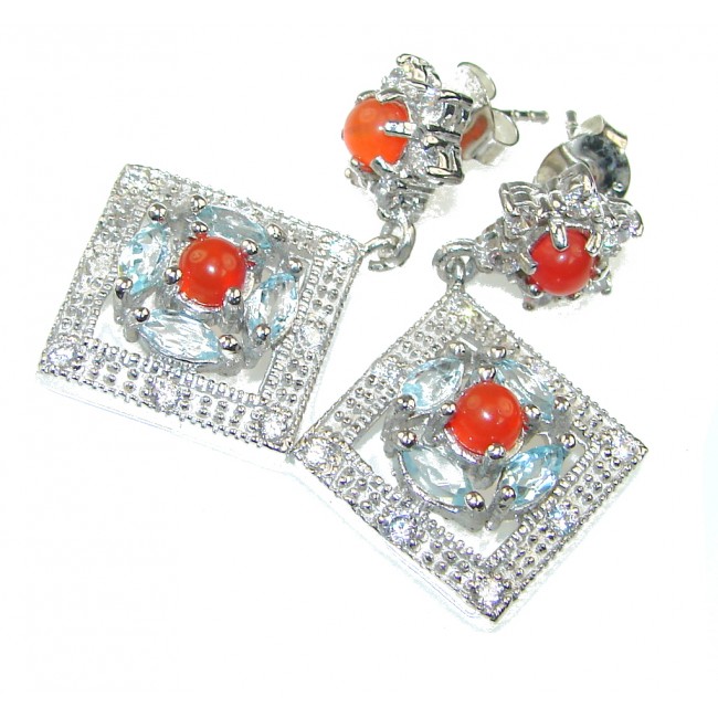 Bali Secret! Orange Carnelian, White Topaz, Swiss Blue Topaz Sterling Silver earrings