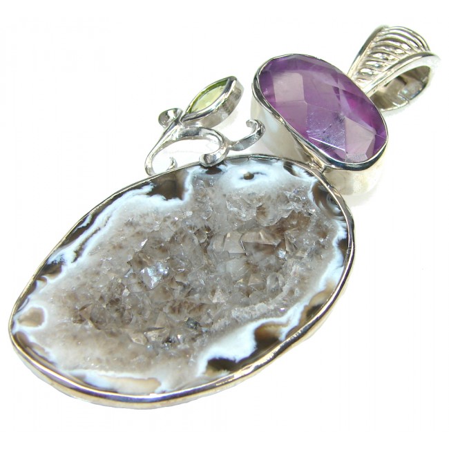 Big! Chunky New Style! Gray Geo Druzy Sterling Silver Pendant