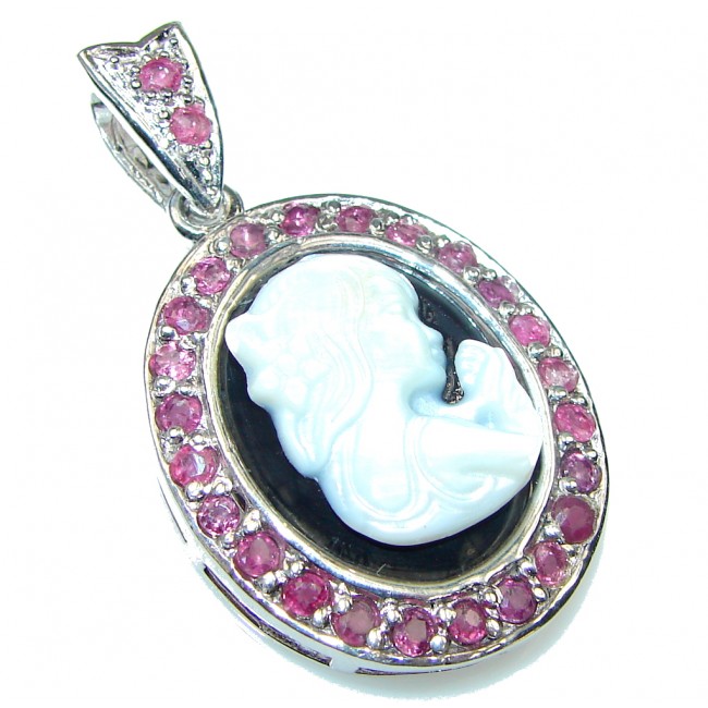 Stunning Design! White Cameo & Ruby Sterling Silver Pendant