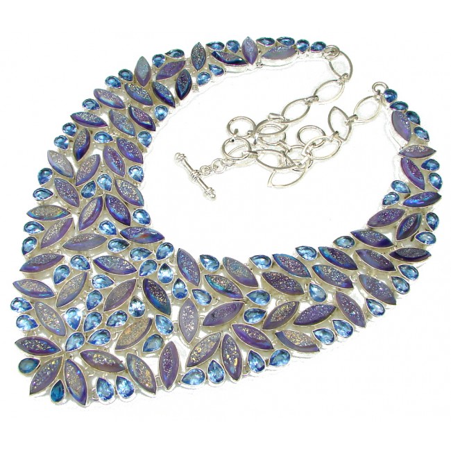 Huge! Gallery Piece! Incredible Design! Rainbow Druzy & Created Tanzanite Sterling Silver necklace