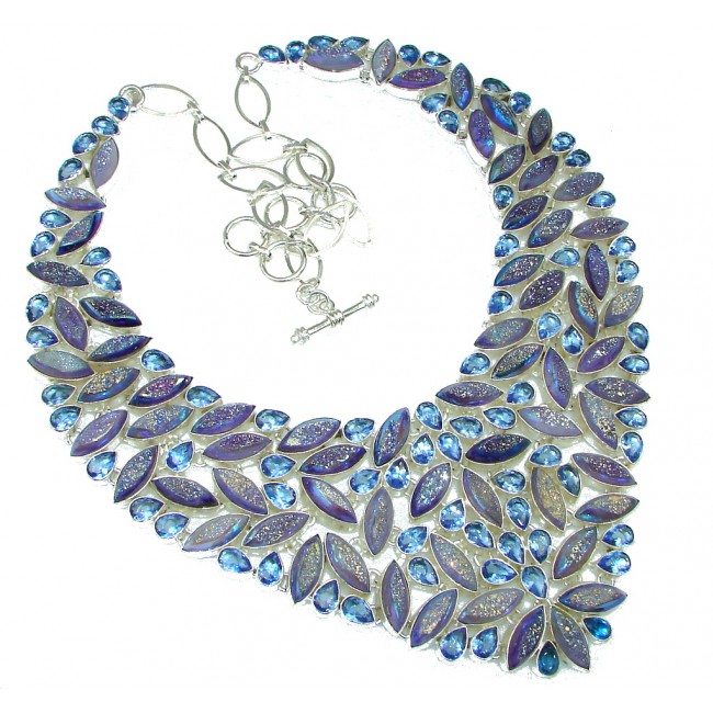Huge! Gallery Piece! Incredible Design! Rainbow Druzy & Created Tanzanite Sterling Silver necklace