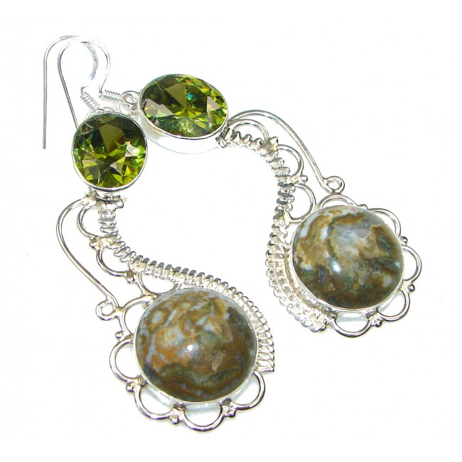 Excellent Green Rainforest Jasper Sterling Silver earrings / Long