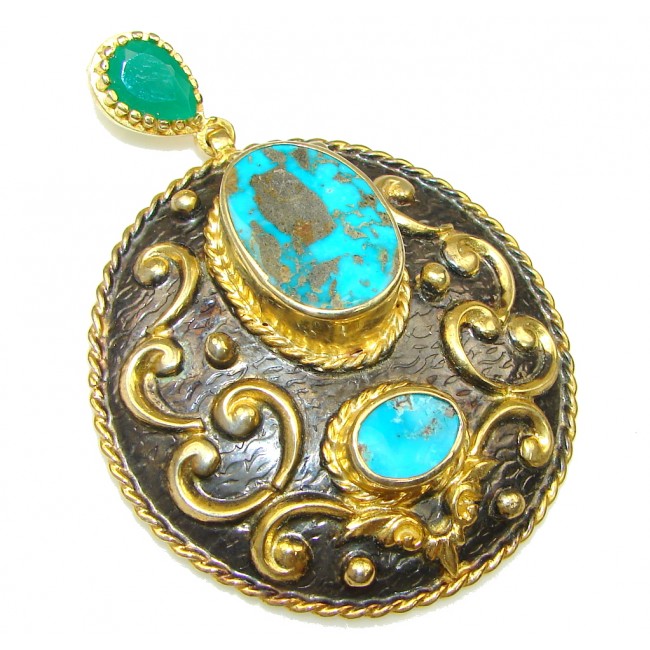 Large! Italy Made! Stunning Blue Turquoise, Gold Plated, Rhodium Plated Sterling Silver Pendant