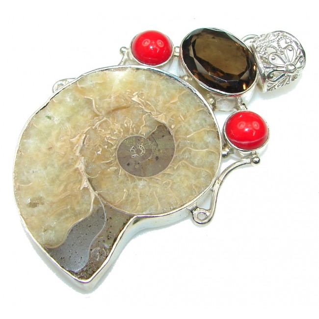 Big! Excellent Shell Ammonite Fossil & Coral & Smoky Topaz Sterling Silver Pendant