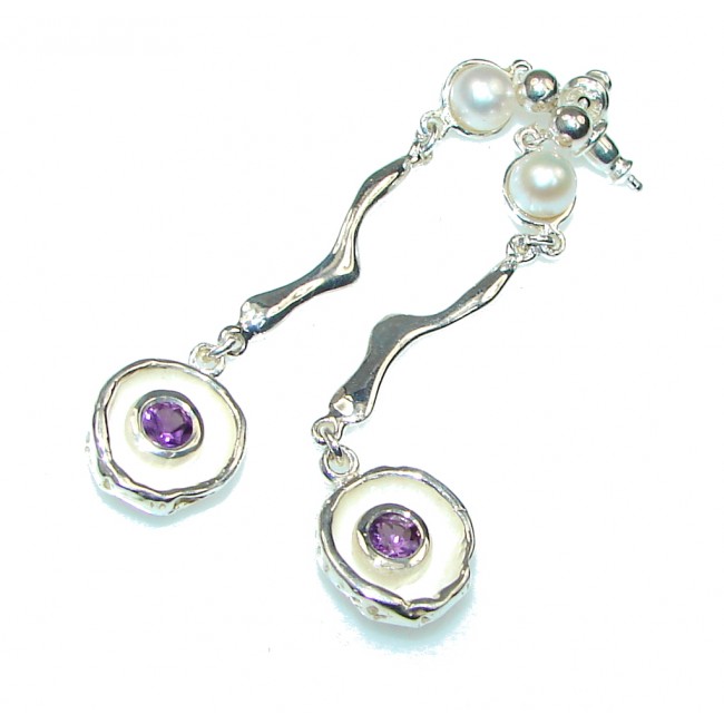Italy Made! Stunning Purple Amethyst & Fresh Water Pearl Sterling Silver earrings / Long