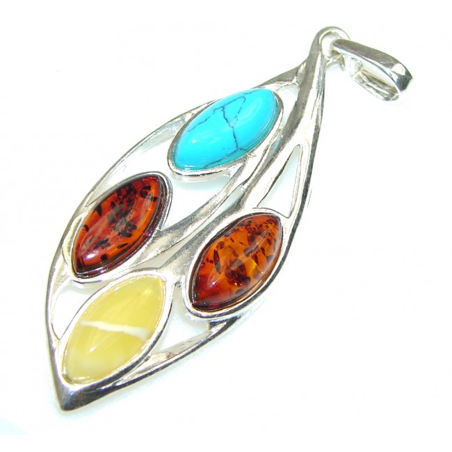 Tropical! Baltic Polish Amber & Turquoise Sterling Silver Pendant
