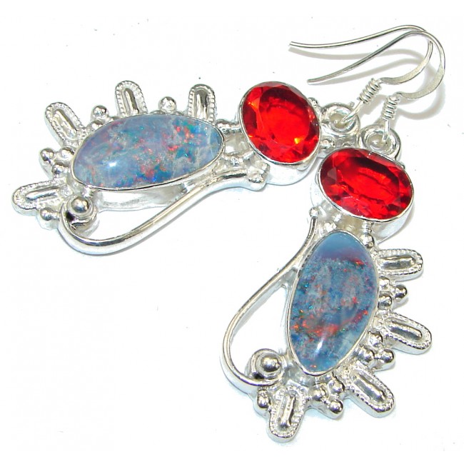 Amazing! Created Fire Opal & Red Quartz Sterling Silver earrings