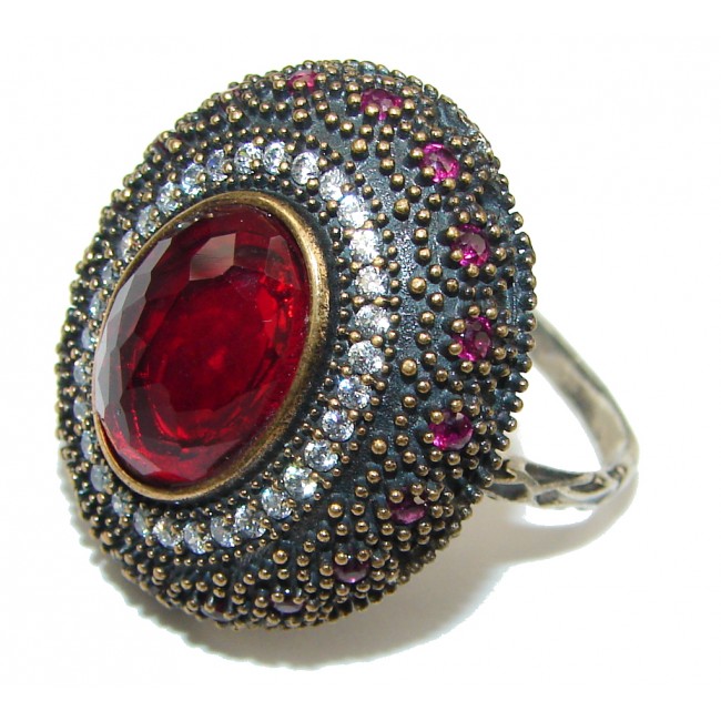 Victorian Style! Red Garnet Quartz Sterling Silver Ring s. 9 1/4