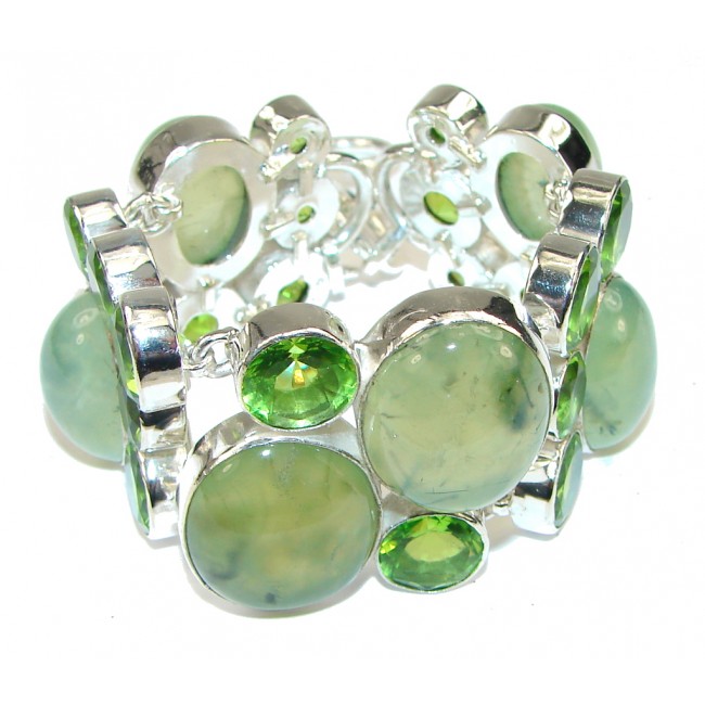 Fresh Green! Moss Prehnite & Created Peridot Sterling Silver Bracelet
