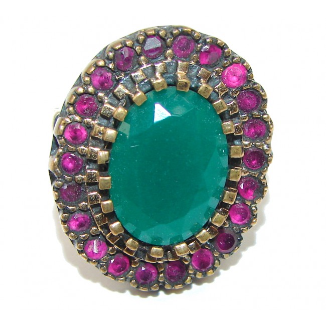 Victorian Style! Green Emerald & Ruby Sterling Silver ring s. 7 1/4