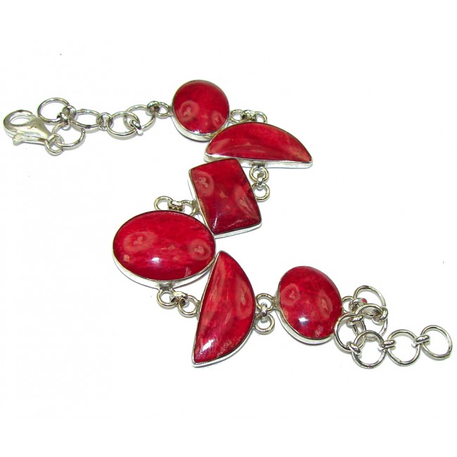 Precious! Red Fossilized Coral Sterling Silver Bracelet