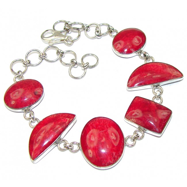 Precious! Red Fossilized Coral Sterling Silver Bracelet