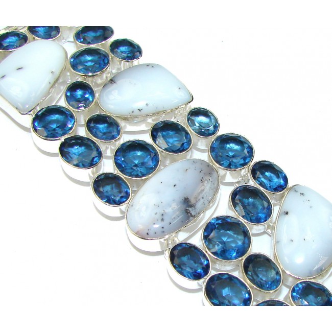 Beautiful! White Dendritic Agate & London Blue Topaz Sterling Silver Bracelet