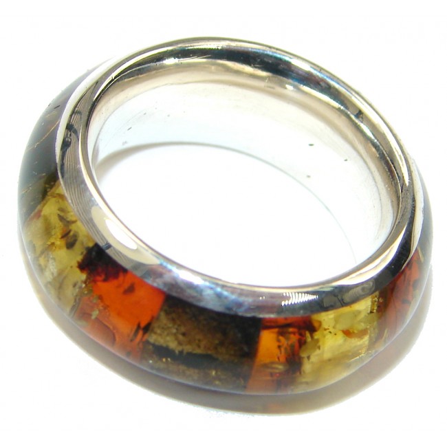 Gorgeous! AAA Mosaic Polish Amber Sterling Silver Ring / Band s. 7 1/2