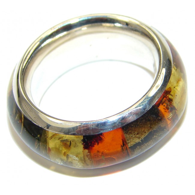 Gorgeous! AAA Mosaic Polish Amber Sterling Silver Ring / Band s. 7 1/2