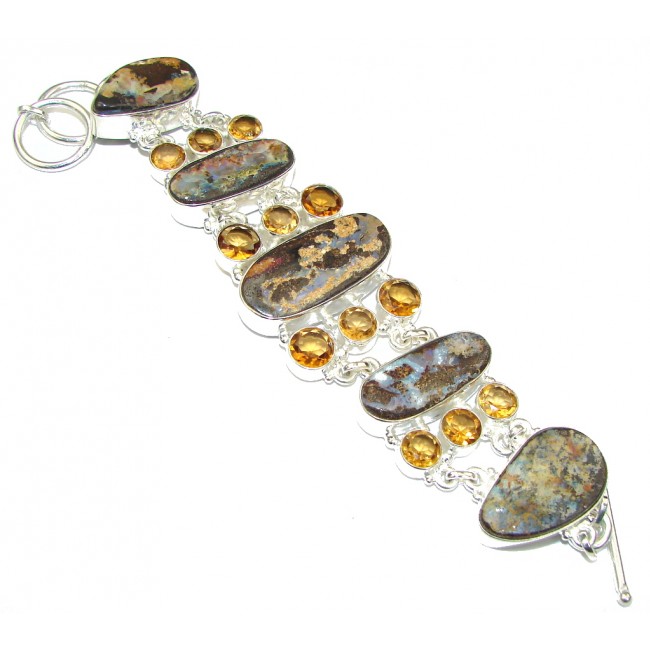 Stylish Design! Boulder Opal & Golden Quartz Sterling Silver Bracelet