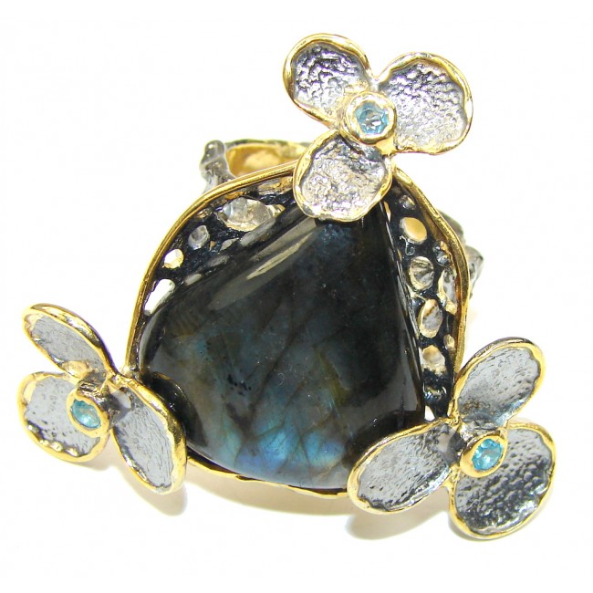 Large! Gallery Piece! AAA Labradorite & Swiss Blue Topaz, Gold Plated, Rhodium Plated Sterling Silver Ring s. 10